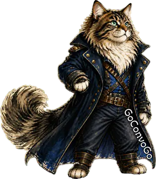 Fluffy cat in a long pirate coat