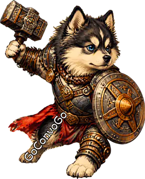 Husky pup in armor with a hammer and shield