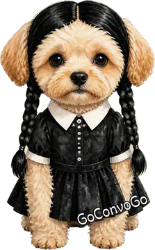 Multipoo dog in a black dress and braids